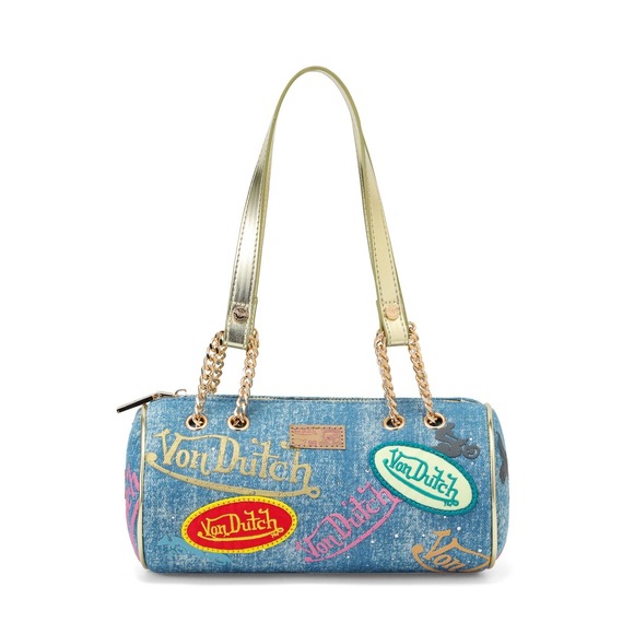Von Dutch Handbags - Von Dutch Denim Barrel Bag Y2K Blue Multi Logo Patch Gold Chain Strap Small